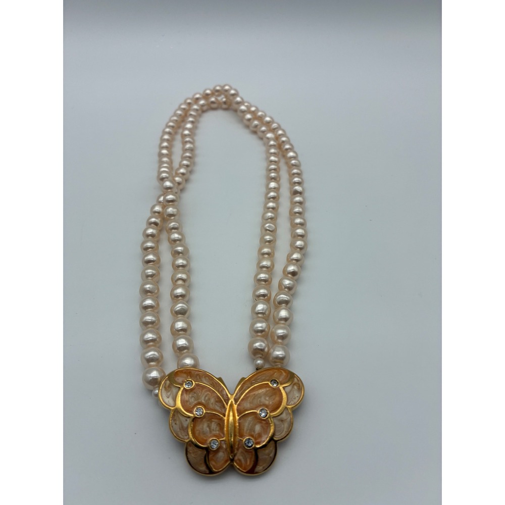 Kenneth Jay Lane for Avon Butterfly Faux Pearl Double Strand Necklace Vintage